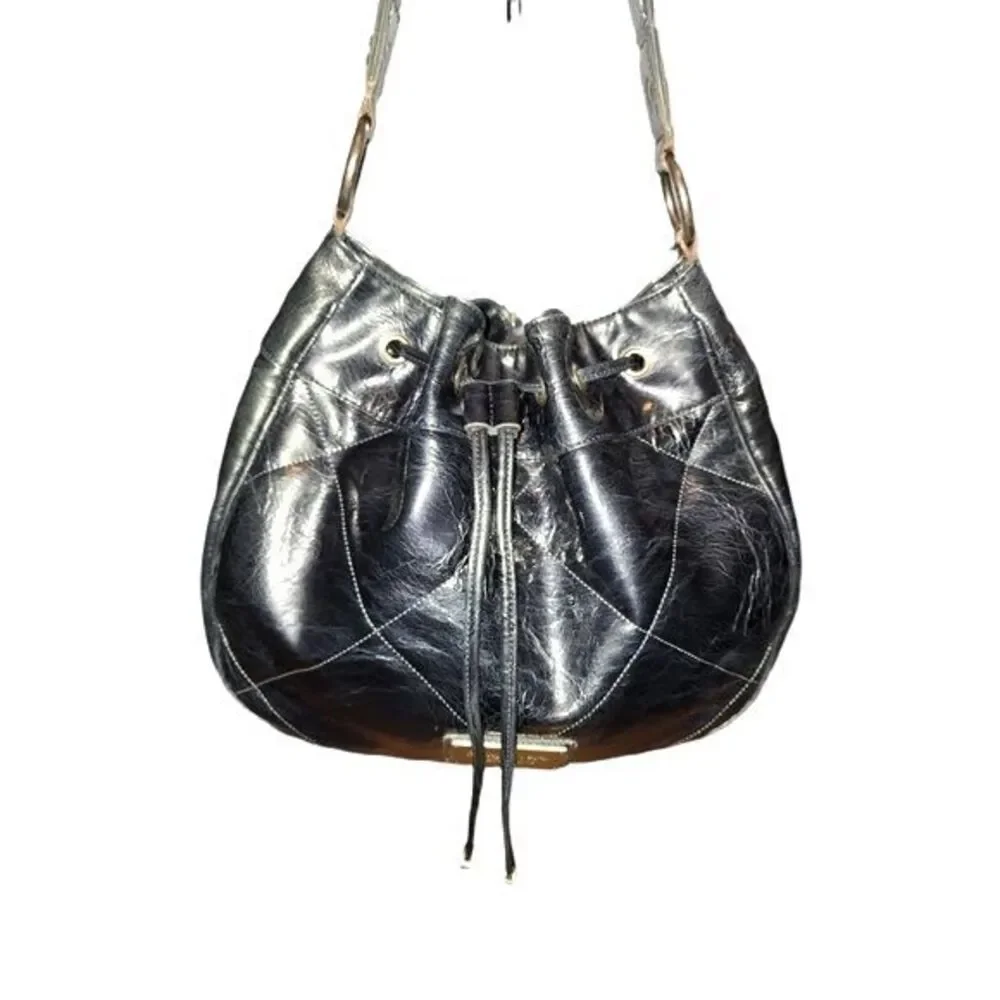 Simply Vera Vera Wang‎ Black Faux Leather Drawstring Hobo Bag 14